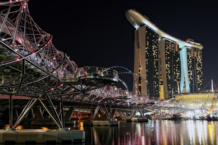 Singapore Marina Bay Sands and Helix Bridge at Night