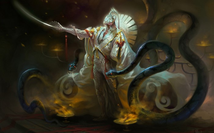 Serpentine figure in ornate robes holding a sword