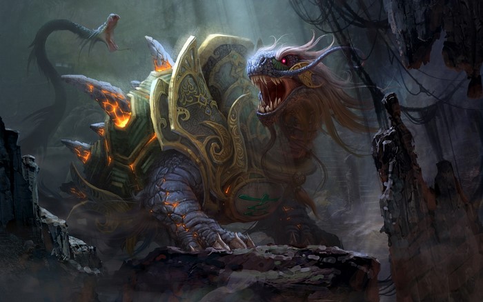 Dragon turtle and snake in a dark cave