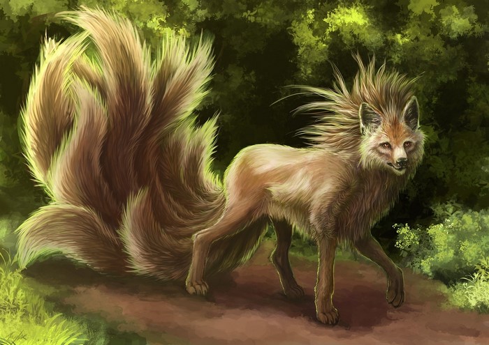 Magical creature with multiple tails in a forest