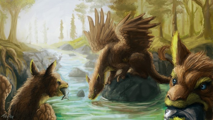 Magical creatures fishing in a forest stream