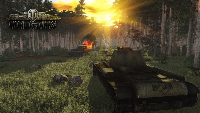World of Tanks game scene with burning tanks