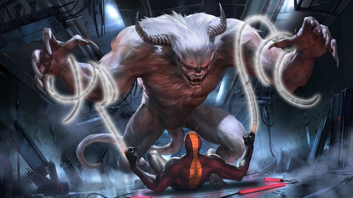 Monster fighting a superhero in a dark industrial setting