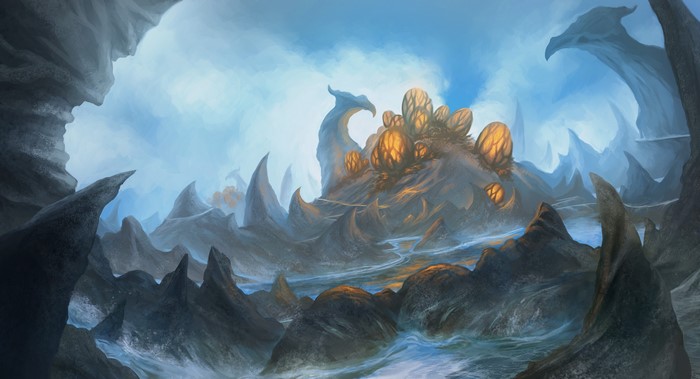 Fantastic world with glowing structures and rocky terrain