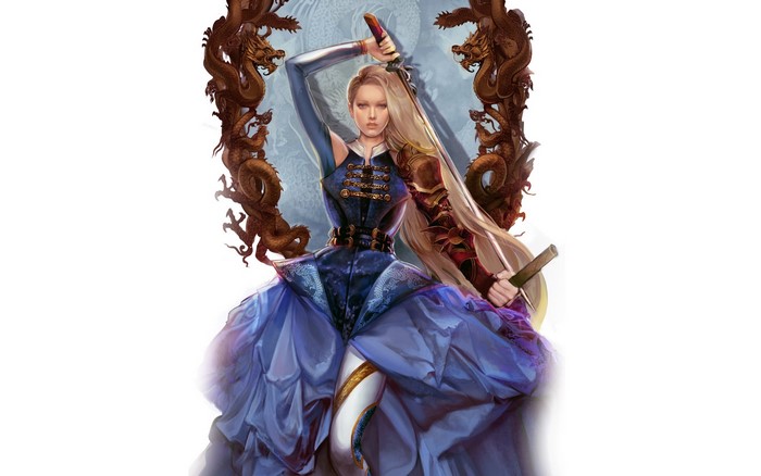 Warrior woman with sword and dragons