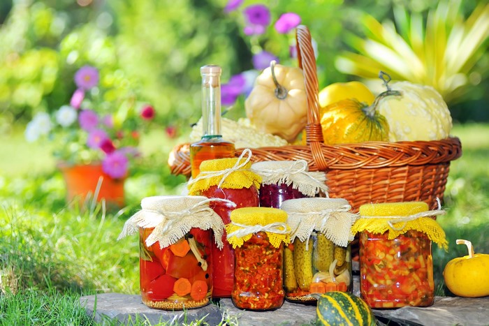 Jars of preserved vegetables and pumpkins in a garden