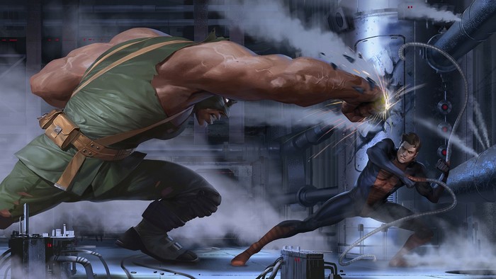Spider-Man vs. Hulk in industrial setting
