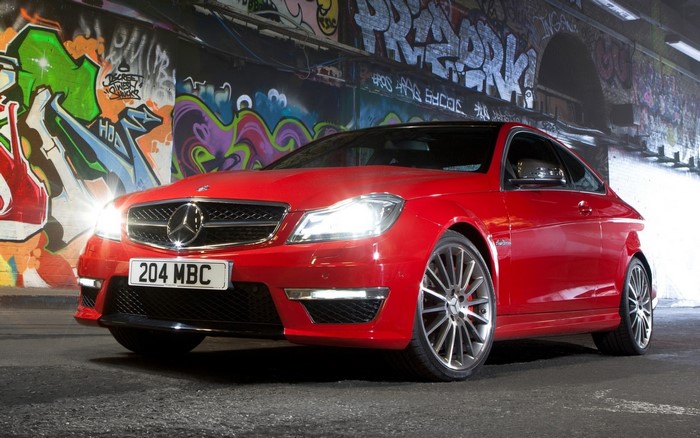 Red Mercedes-Benz C-Class Coupe with Graffiti Wall