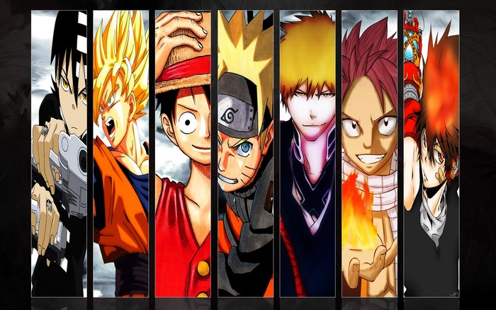 Anime characters: Death the Kid, Goku, Luffy, Naruto, Ichigo, Natsu, Tsuna