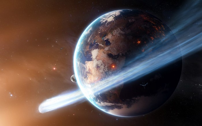 Planet with comet and moon in space
