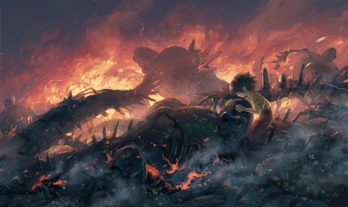 Girl in a burning, post-apocalyptic landscape with giant robots