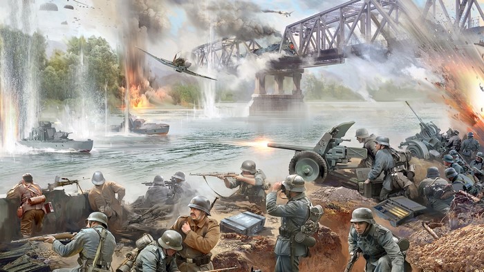 World War II battle scene with soldiers and bridge