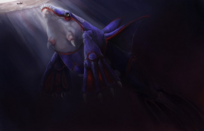 Kyogre from Pokemon in dark ocean depths