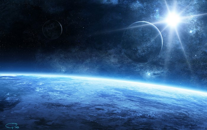 Planets and sun in deep space