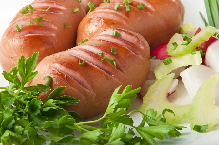 Grilled Vienna sausages with garnish