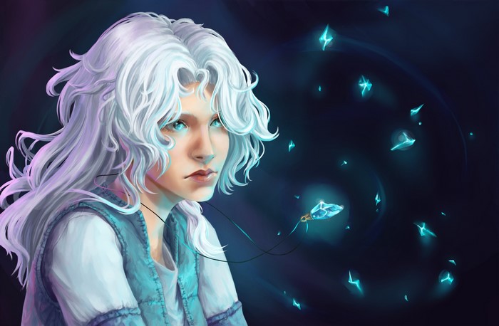 Girl with white hair and glowing blue shards