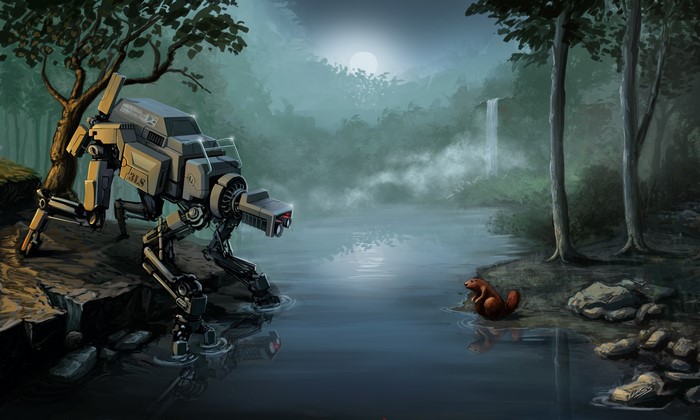 4K Technics Fantasy Robot and Beaver by Waterfall