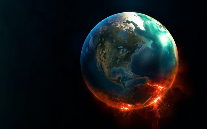 Earth in space with volcanic eruptions
