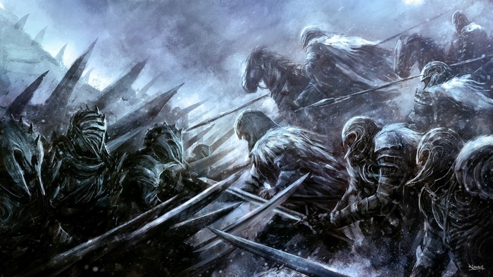 Warriors in battle with swords and spears