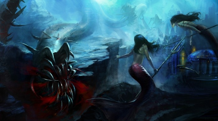 Mermaids fighting a sea monster near underwater city