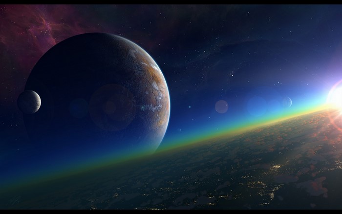 Planets and moons in space with nebula and sun