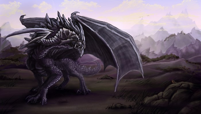 A dark dragon in a mountainous landscape