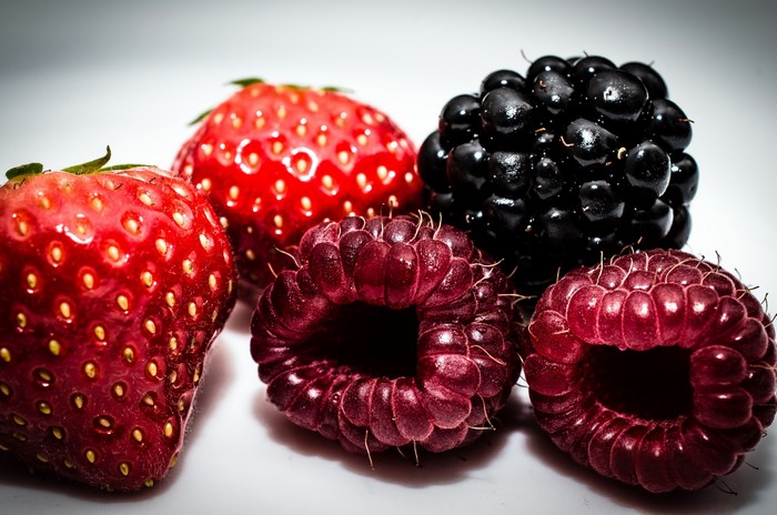 Close-up of Strawberries, Raspberries, and Blackberries