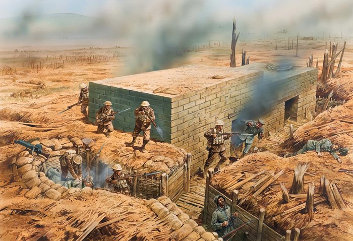 Soldiers in a trench during a battle
