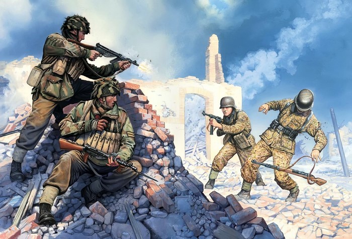 Soldiers in combat amidst ruins