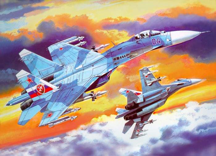 Two Sukhoi Su-27 fighter jets in flight