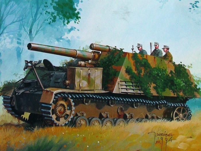Painting of a German SPG with camouflage