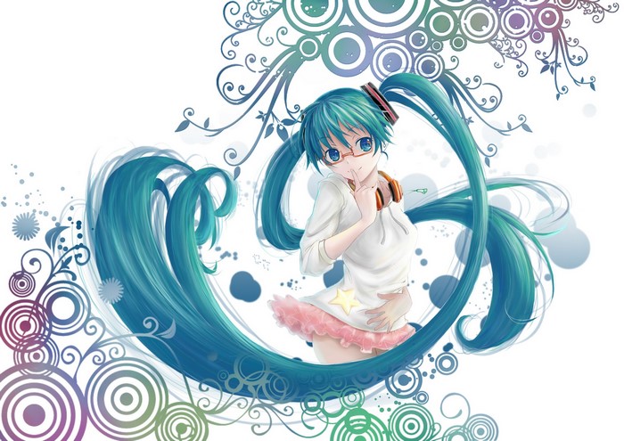 Hatsune Miku from Vocaloid with swirling decorations