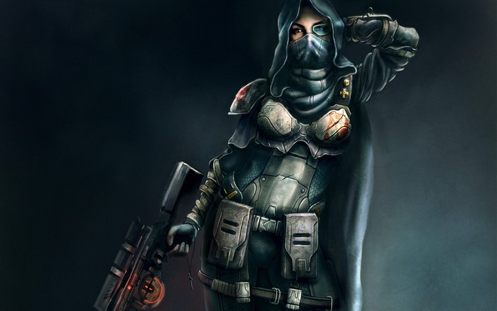 Warrior in futuristic armor with a gun