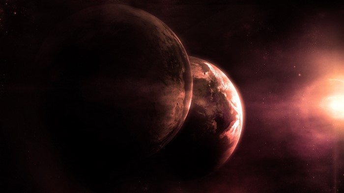 Two planets in space with a bright star