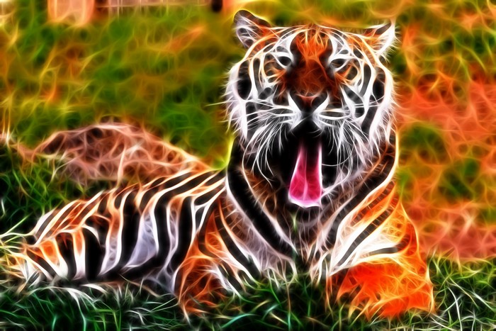 Tiger yawning with glowing fractal effect