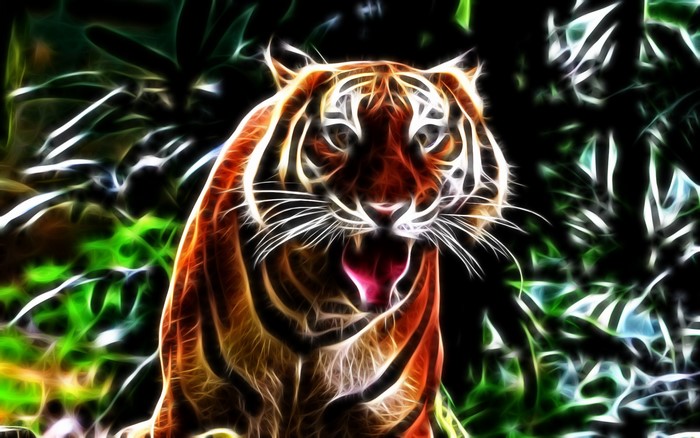 Tiger roaring in a jungle with glowing stripes