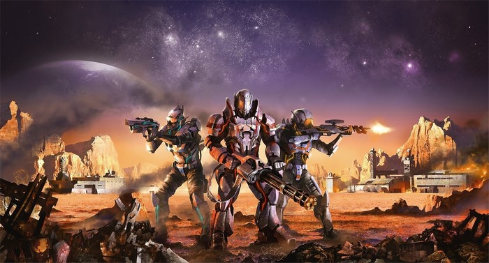 Three armored warriors on a desolate alien planet
