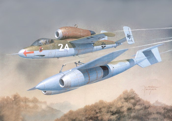 He-162A-2 and AR-E377 aircraft in flight