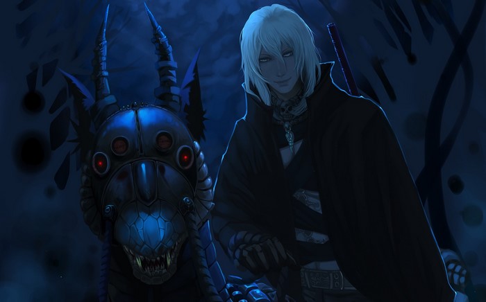 Man with mechanical creature in dark forest