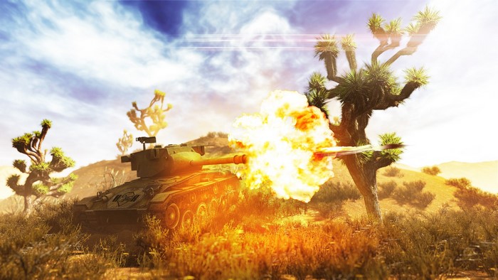 Tank firing in a desert landscape