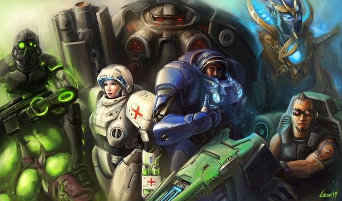 StarCraft characters: Terran Marine, Medic, Zerg, Protoss, and Ghost