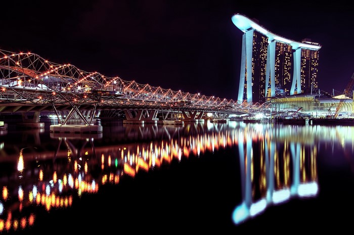 Singapore bridge and Marina Bay Sands at night