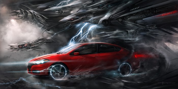 Red car and alien ships in lightning storm
