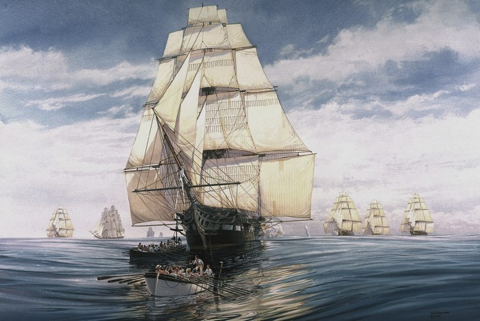 Painting of sailing ships on the ocean