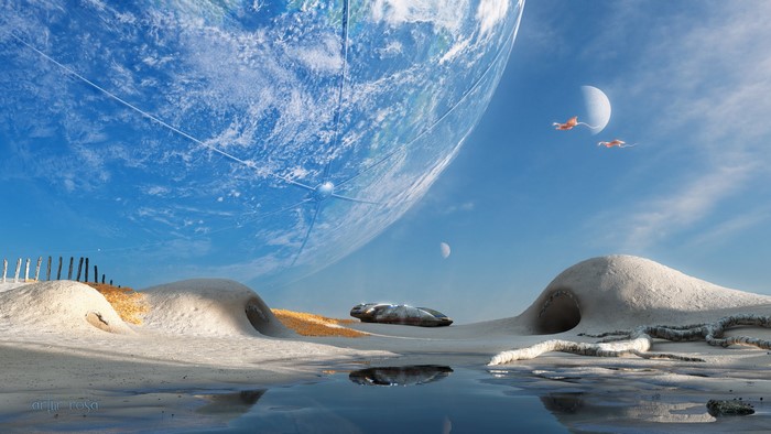 Alien planet with large planet in sky