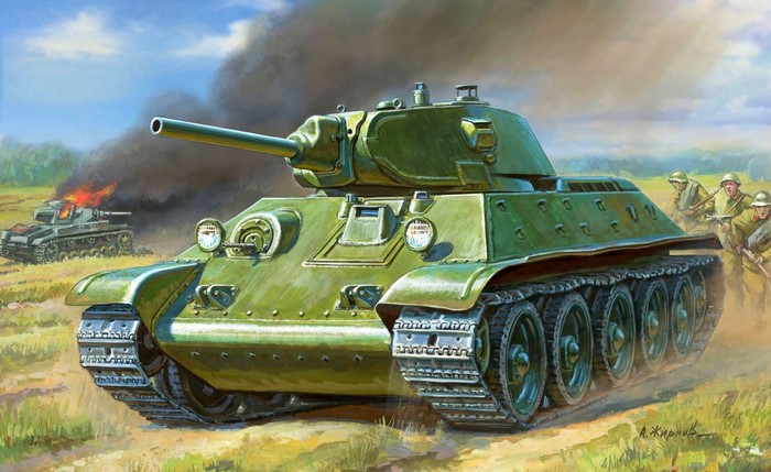Soviet T-34 tank in battle with soldiers