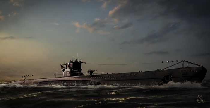 Submarine sailing on the ocean at sunset