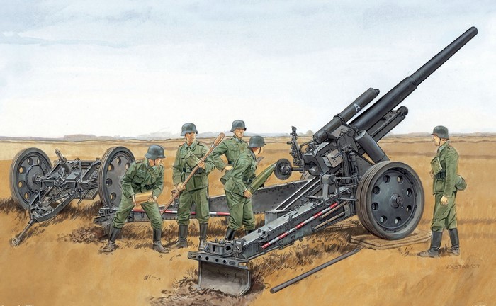 German soldiers operating a field artillery cannon
