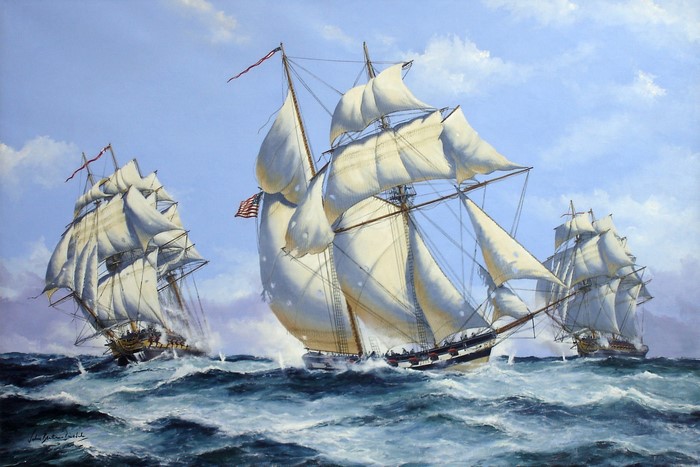 Three Sailing Ships on a Wavy Sea