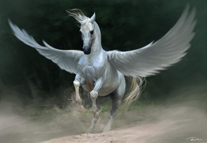 A white Pegasus with large wings in a dusty environment